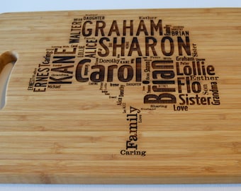 Personalised Gift Large Solid Wood Chopping Board -Engraved - Family Tree, Word Cloud, Personalised Heart - Cutting Board