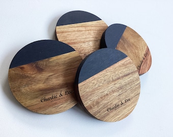 Personalised Engraved Black Marble and Acacia Wood Coasters, Personalised Wedding Gift, Personalised Christmas Gift,  5th Anniversary Gift