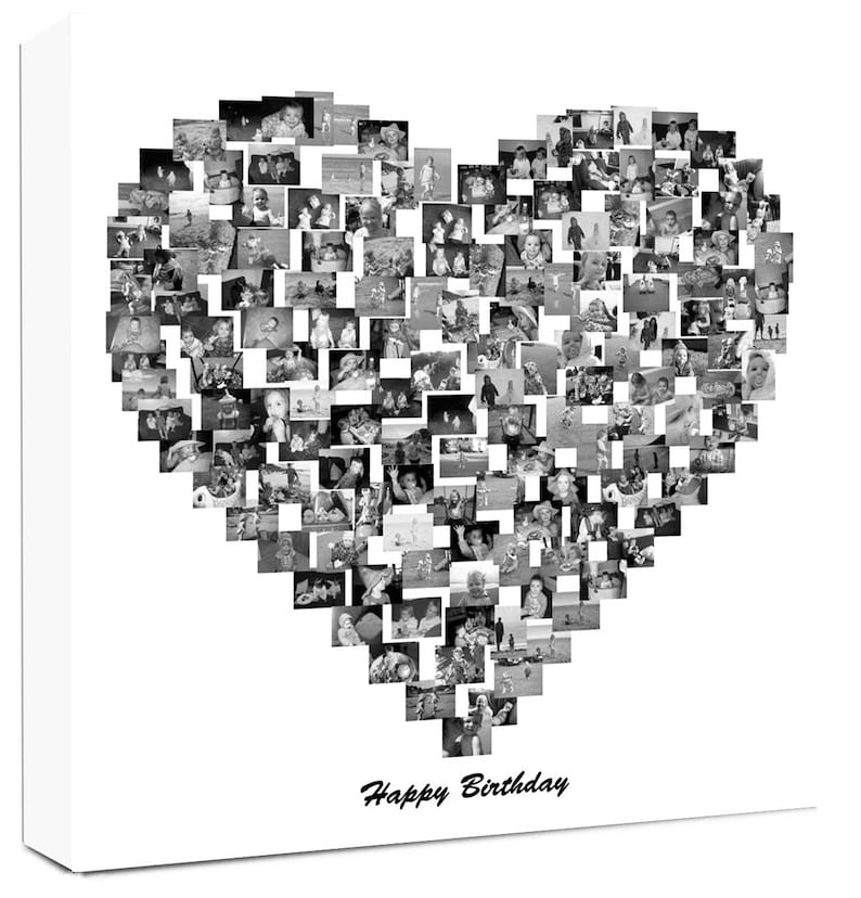 May include: A black and white photo collage in the shape of a heart, composed of numerous small photographs. The words "Happy Birthday" are written in cursive at the bottom. The collage is mounted on a white canvas.