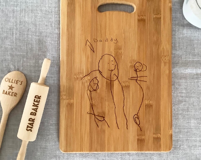 Featured listing image: Personalised Childrens Art Engraved onto Large Solid Wooden Chopping Board - Personalised Gift - Cutting Board - Made to Order