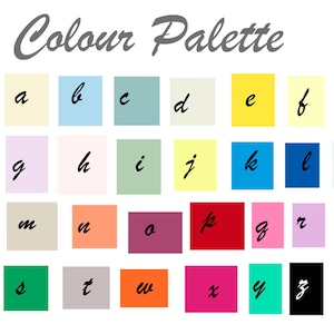 May include: A color palette graphic with the text "Colour Palette" in a cursive font. The palette features 26 squares, each with a different color and a lowercase letter in black.