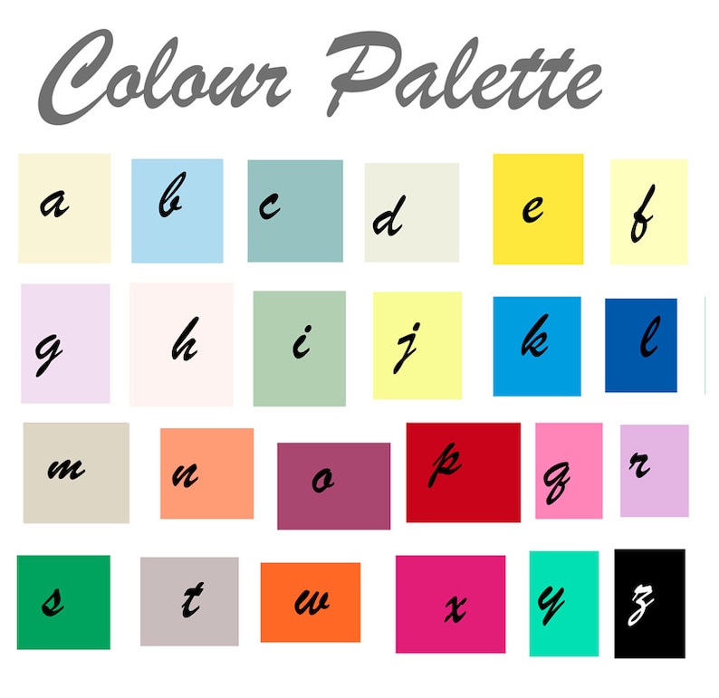 May include: A color palette graphic with the text "Colour Palette" in a cursive font. The palette features 26 squares, each with a different color and a lowercase letter in black.