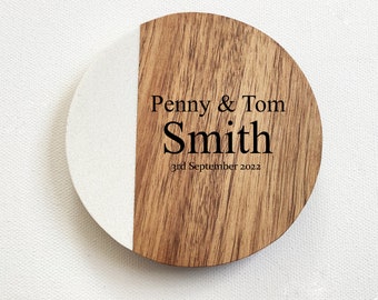 Personalised Engraved Marble and Acacia Wood Coaster, Personalised Wedding Gift, Personalised Moving In Gift,  5th Anniversary Gift