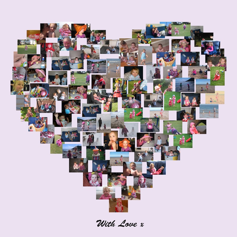 May include: A heart-shaped collage of numerous small photographs, predominantly featuring children in various outdoor settings. The photos are arranged to form a heart shape against a light purple background. The words "With Love x" are written in cursive at the bottom.