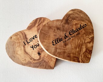 Personalised Heart Shaped Olive Wood Keepsake, Wedding Gift, Anniversary Gift, Valentines Gift, Keepsake Heart approx  12.5x12x2cm