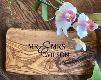 Mr & Mrs Wedding Gift, Personalised Solid Olive Cheese Board, Engagement Gift, Anniversary Gift, Couples Gift