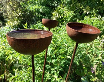 Extra Large 1m Tall Rusty Rain Catchers, Bee water station, Garden sculpture, Bird bath, Bird feeder, Butterfly water station, garden art