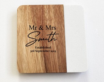 Personalised Engraved Marble and Acacia Wood Coaster, Personalised Wedding Gift, Personalised Birthday Gift,  5th Anniversary Gift