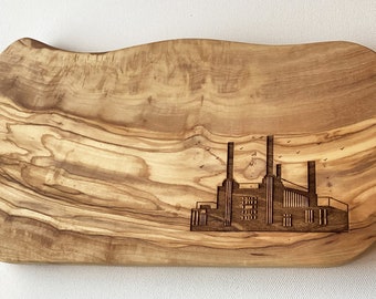 Battersea Power Station Engraved Solid Olive Wood Cheese Board and Solid Acacia Coasters