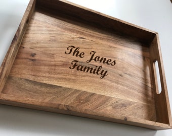 Personalised Family Large Wooden Tray, Breakfast Tray, Wedding Tray, Anniversary Gift Engraved, Moving In Gift, Lrg Acacia Tray