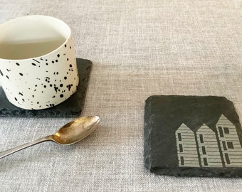 Hastings Fishing Huts Engraved onto Slate Coasters, Hastings Net Huts Slate Coasters, Engraved Slate Coasters, Custom Coasters