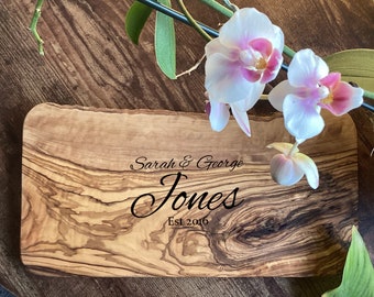 Wedding Gift, Personalised Engraved Solid Olive Wood Chopping Cheese Board