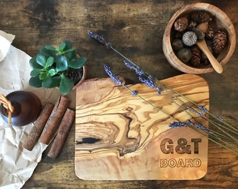 Gin & Tonic Chopping Board, G and T Olive Wood Board, Drinks Board