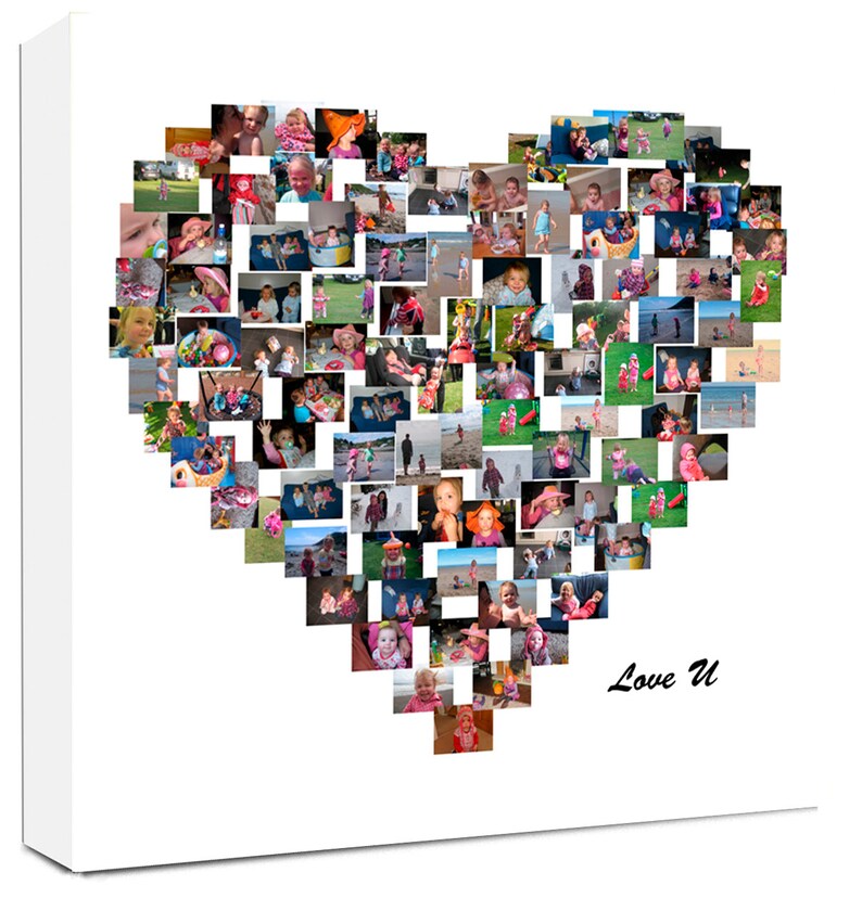 May include: A white canvas print featuring a heart-shaped collage of numerous small photographs. The photos depict various people, mostly children, in outdoor settings. The words "Love U" are written in black script at the bottom right.