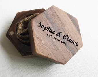 Personalised Wedding Ring Box Professionally Engraved, Made from Real Walnut Wood, Round or Hexagon Box