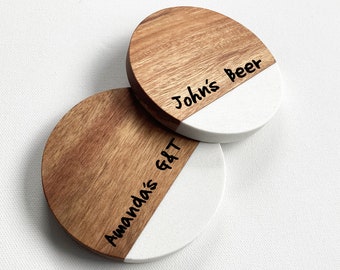 Personalised Coasters, Engraved Marble and Acacia Wood Coaster, Wedding Gift, Moving In Gift,  5th Anniversary Gift