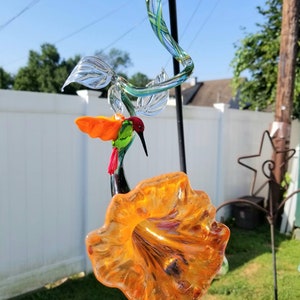 Handblown & torched worked hanging Hummingbird on flower series; Custom colors