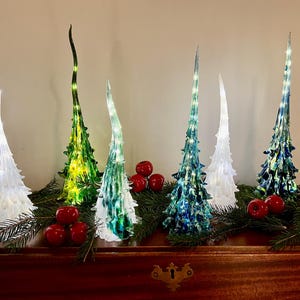 Handblown and sculpted glass trees; Custom colors and sizes; winter cheer; holiday decor; Christmas decor