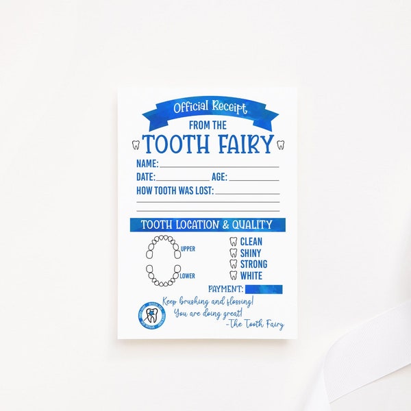 Zahnfee Quittung Blau Aquarell DIGITALER Druck für Kinder - Zahnfee bearbeitbare Vorlage für Kinder verlorene Zähne