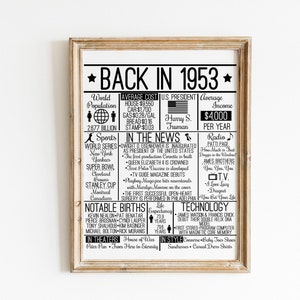 Back in 1953 DIGITAL Sign - Instant Download DIY Print for Birthday or Anniversary 50s Time Capsule