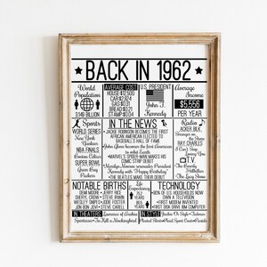 Back in 1962 DIGITAL Sign - Instant Download DIY Print for Birthday or Anniversary 60s Time Capsule