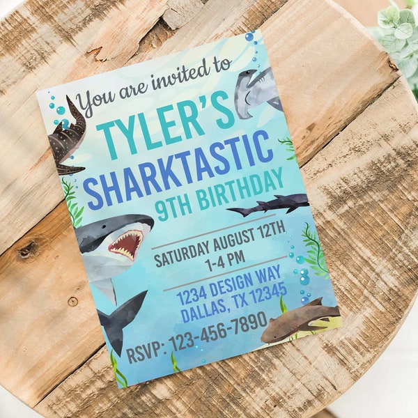 Edit Yourself Printable Shark Birthday Invitation DIY - Print at Home Editable Bday Invitations for Kids for Ocean Sharktastic Birthdays