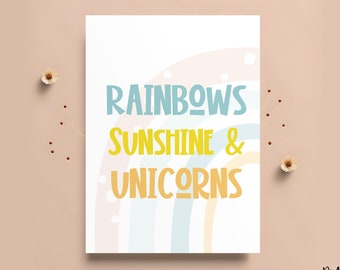 Rainbows Sunshine and Unicorns Boho Pastel Printable Kids Room Art DIY Print - Instant Download Fun Nursery Playroom Sign DIGITAL