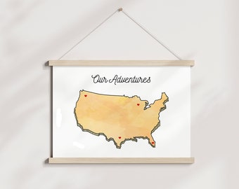 Our Adventures Personalized USA Map Canvas Print - Digital or Printed Custom Gift for Road Trip Vacation Mapping