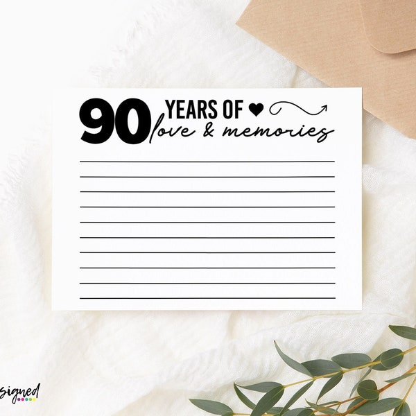 90 Years of Love & Memories Birthday DIY Print Card for Birthdays - DIGITAL Memory Sharing Print for 90th Birthday Party