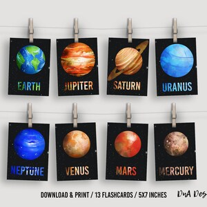 Printable Planets Flash Cards for Kids Learning - DIGITAL Watercolor Color Cards for Homeschool Outer Space