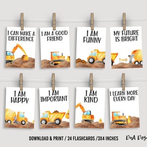 24 Printable Positive Affirmations for Kids with Construction Vehicles - DIGITAL Instant Download Daily Encouragement Cards for Toddlers
