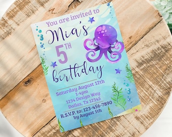 May include: A blue and purple birthday invitation featuring an illustration of an octopus. The invitation reads "You are invited to Mia's 5th birthday" and includes details for the party, including the date, time, location, and RSVP information.