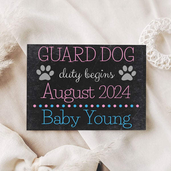 Printable Pregnancy Announcement for Guard Dog Duty Chalkboard DIGITAL Sign - Instant Download DIY Print Baby on the Way Photo Prop