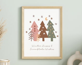 Christmas Winter Kisses and Snowflake Wishes Printable Sign - Instant Download DIGITAL DIY Holiday Card Xmas Trees