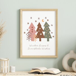 Letrero imprimible con besos navideños de invierno y copos de nieve: descarga instantánea. Tarjeta navideña digital DIY. Árboles de Navidad.