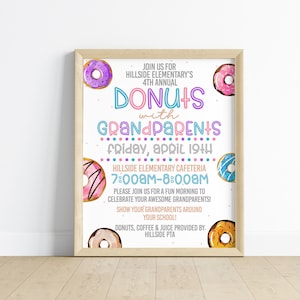 Editable School Donuts with Grandparents Day Printable for PTA PTO School Fundraiser - Breakfast Flyer for Students Corjl