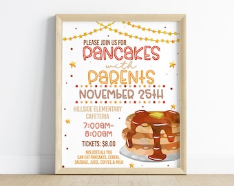 Könnte beinhalten: Ein druckbares Schild für ein Pfannkuchenfrühstück mit Eltern an der Hillside Elementary School. Das Schild zeigt ein Cartoon-Bild eines Stapels Pfannkuchen mit Sirup und Butter. Die Veranstaltung findet am 25. November von 7:00 bis 8:00 Uhr statt. Tickets kosten 8,00 € und beinhalten ein All-you-can-eat-Buffet mit Pfannkuchen, Müsli, Wurst, Saft, Kaffee und Milch.