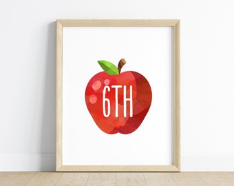 Sixth Grade Watercolor Apple Sign – Classroom Decor (Digital Download)