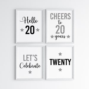 Placas de glitter para impressão de 20º aniversário para festas - Download instantâneo Cheers to 20 Decoração ou cartões para festa DIY DIGITAL