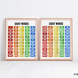 Puede incluir: Dos tablas coloridas con el título "Palabras de vista" y una cuadrícula de palabras de vista comunes en diferentes colores. Las palabras están dispuestas en un patrón de arcoíris.