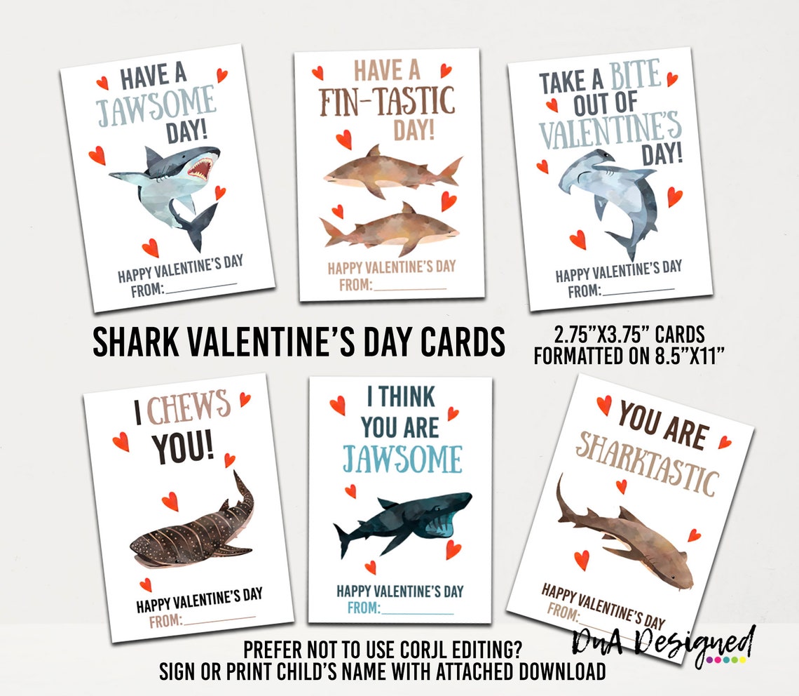 Shark Valentine DIY Editable Print Cards for Kids DIGITAL - Etsy