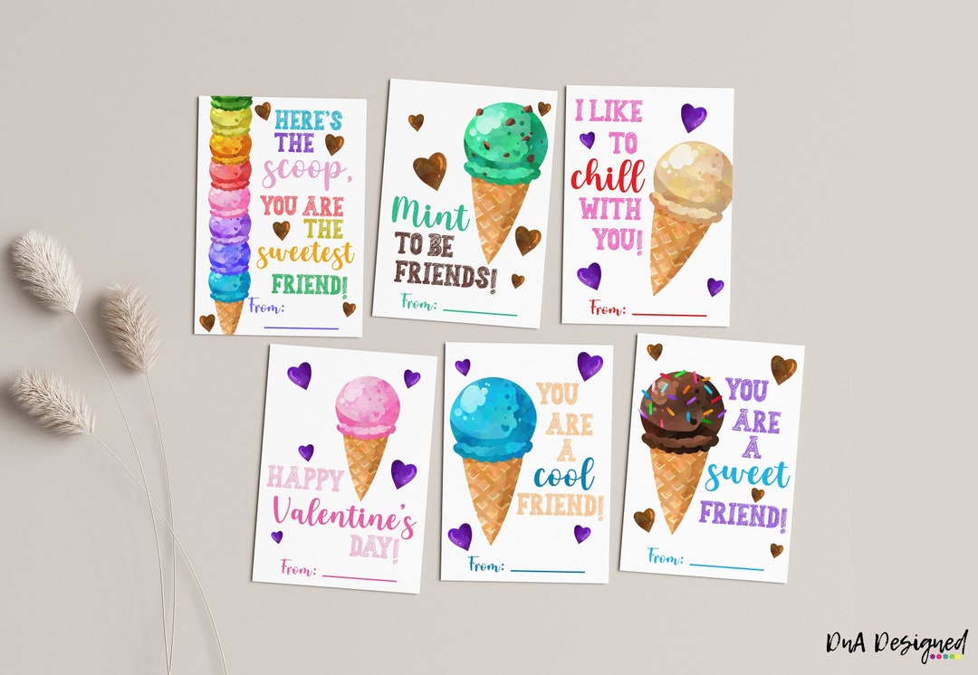 Ice Cream Cone Valentine DIY Editable Print Cards for Kids DIGITAL