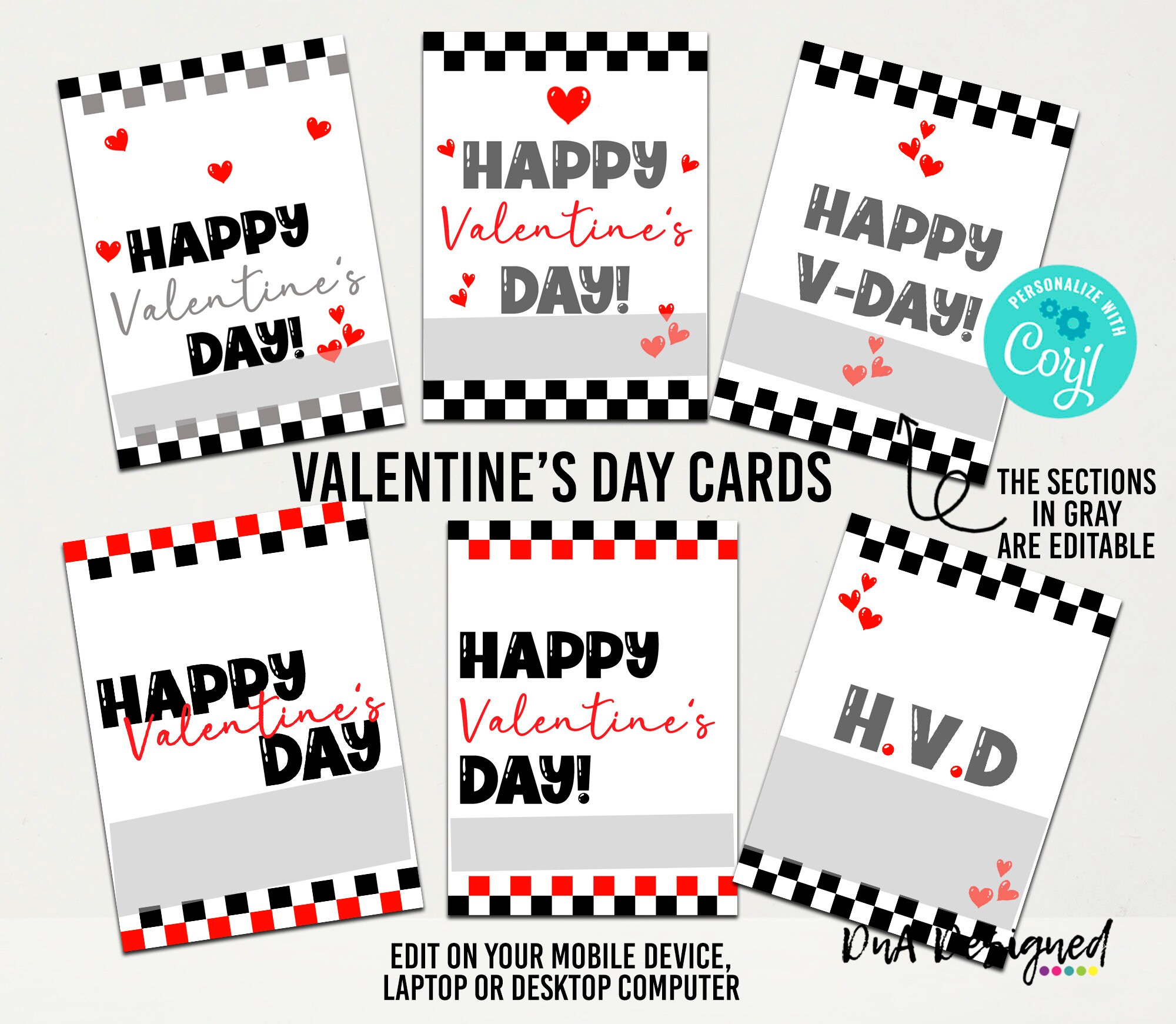 Checkered Valentine Cards for Kids – DIY Editable Print (digital ...