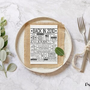 May include: A printable table setting card with a burlap background and black text. The card features a newspaper-style layout with the headline "Back in 2010" and a list of events from the year 2010.