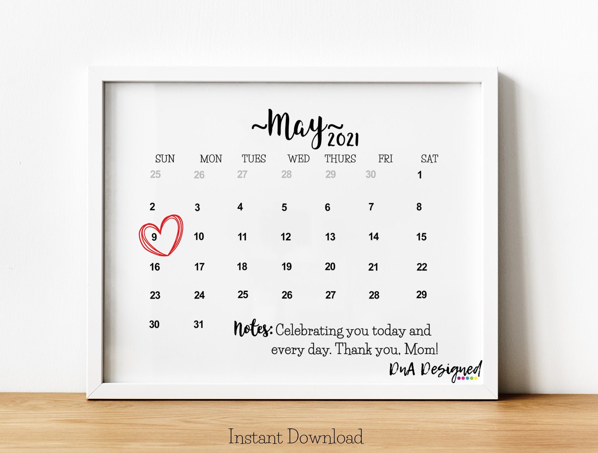 Happy Mother's Day Calendar With Heart Instant Download Etsy