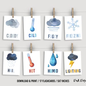 Cartes météo imprimables pour les enfants qui apprennent - Cartes météo aquarelles NUMÉRIQUES pour l'école à la maison