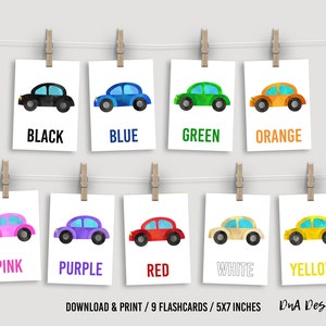 Cartes flash imprimables en couleur de voiture pour les enfants qui apprennent - Cartes couleur aquarelle NUMÉRIQUES pour l'école à la maison
