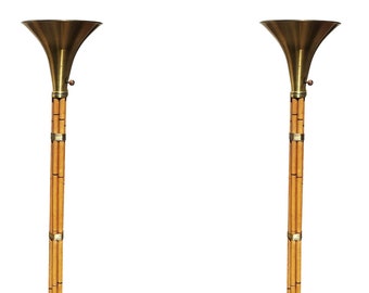 Restored Stacked Rattan Torchère Floor Lamps w/ Brass Shade by Russel Wright, Pair