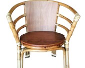 Mid Century Rattan Barrel Back Armchair w Skeleton Arms