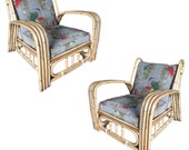 Restored Paul Laszlo Four-Strand Bent Arm Rattan Lounge Chair, Pair